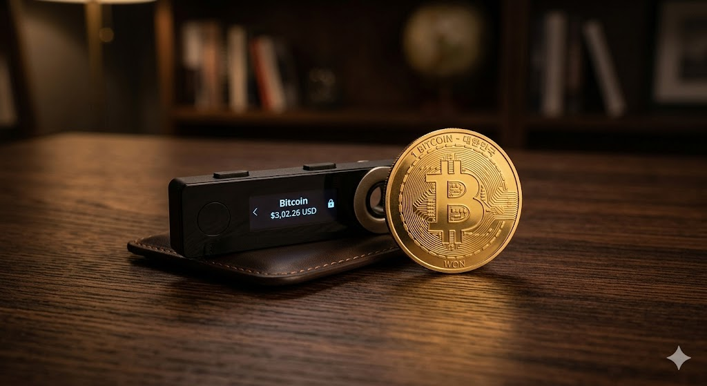 Cryptocurrency hardware wallet and golden Bitcoin coin for secure investment concept